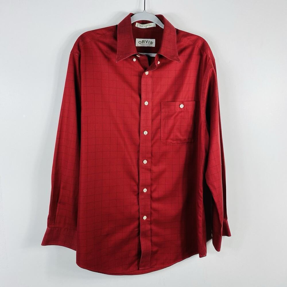 Orvis Size Medium Windowpane Long Sleeve Button Shirt Red 100% Cotton